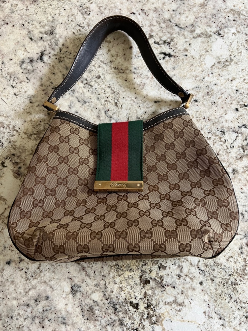 Gucci Brown GG Canvas Shoulder Bag with Green and Red Web